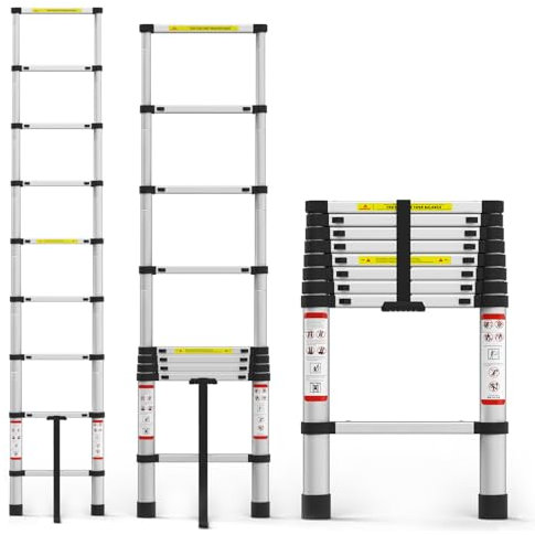 8.5FT Teleskopleiter 2.6m Ausziehleiter Hergestellt von Druable Aluminiumlegierung, Tragbare Erweiterbare Leiter mit EN131 Standards, Dachleitern rutschfeste Füße 330lbs Max Klappleiter für Outdoor
