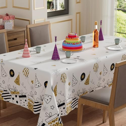 XCHI Birthday Gifts Hats Balloons Firework Tablecloth Rectangle Washable Table Covers for Indoor Outdoor Dining Table Home Party Decorations 60x120 Inch