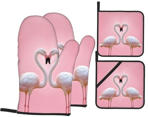 Ofenhandschuhe und Topflappen, Flamingos auf Weiß, 4er-Set, wasserdicht, hitzebeständig bis 260 °C, Mikrowellen-Handschuhe, Backhandschuhe, Grillhandschuhe, Kochhandschuhe