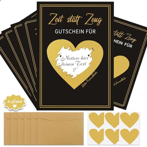 YianHien 6 Stück Zeit statt Zeug Rubbelkarten zum Selber Beschriften, Gutscheinkarten zum Selbstausfüllen, Gutschein für Gemeinsame Zeit, Reisegutschein Wunschgutschein Kinogutschein Geburtstagskarte