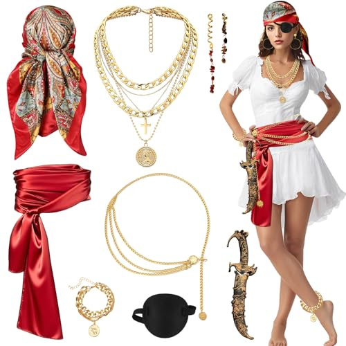 CHMMY Piratenkostüm Damen, 9 Stück Piraten Kostüm Frauen Piraten Zubehör mit Kopftuch Taillengürtel Taillenkette Augenklappe Schmuck Haarschmuck Piratendirk für Karneval Fasching Halloween