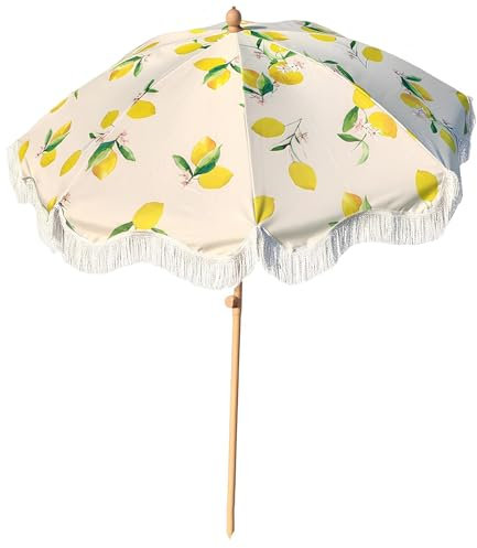 Sonnenschirm mit Fransen Gartenschirm UV Schutz Klappbarer Strandschirm, Ø180cm Vintage Runder Terrassenschirm Sonnenschutz für Balkon, Garten, Terrasse und Strand