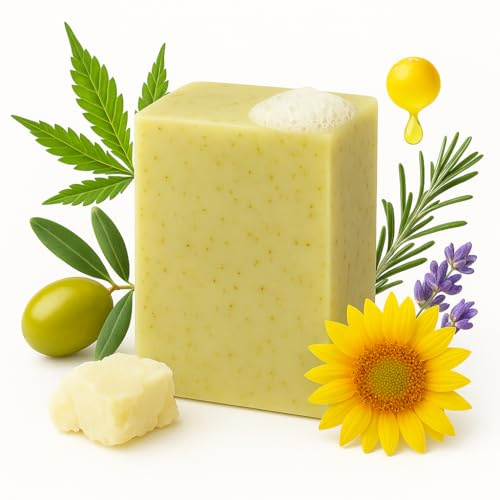 naturacbd® natur seife ohne chemie - Bio Hanf Gesichts- & Körperseife – vegane Naturseife mit Hanfblättern, Sheabutter & Rosmarinöl – sanftes Peeling & milde Reinigung – 80 g