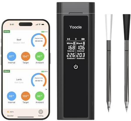 Meat Thermometer: Wireless Bluetooth with App Control, Grill Thermometer with Dual Probes, IP67 Waterproof, Digital Kitchen Thermometer for BBQ, Oven, Smoker, Grilling and Roasting