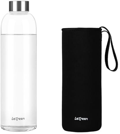 LETREEN Glass Water Bottle 1 Litre, Water Bottle 1L with Neoprene Sleeve, BPA-Free Leak Proof Reusable 1000ML Drinking Bottles for Hot Cold Drinks, Work, Gym, Home (Black)