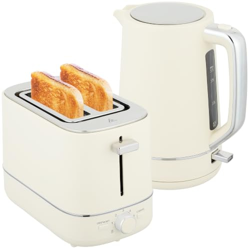 HOMCOM Wasserkocher Toaster Set mit 2200 W 1,7L Wasserkocher Beige | 2 ScheibenToaster, 6 Bräunungsstufen, Aufwärmen und Auftauen, Frühstück-Set, Kalkfilter, Krümelfach