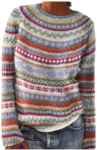 EQWIGKEIT Jersey noruego para mujer, cómodo jersey de punto, elegante con estampado, suéter de invierno, cuello redondo, jersey de lana de manga larga, suéter de invierno de punto grueso, informal