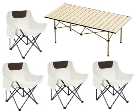 AXIONA ELEMENTS Portable Outdoor Camping Set, Square End Table with 4 Moon Chairs for Patio, Garden, Living Room, Indoor Outdoor Use (White, 37 inches)