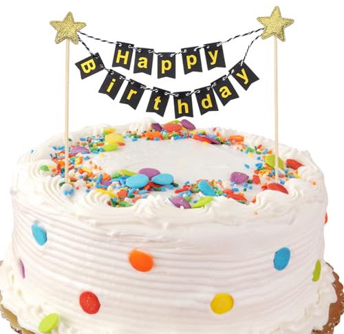 Tortendeko Schwarz Gold,Happy Birthday Kuchendeko Geburtstag Happy Birthday Tortendeko Girlande Torten Deko Geburtstag Papierfächer Sterne Cake Topper für Kuchen Cupcakes Partyzubehör