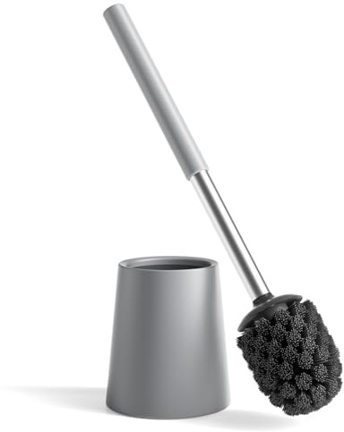 TOURRAMIT Scopino WC a Setole, Manico e Portascopino in Acciaio Inox 304 | Setole in PP di media durezza e formato compatto 11 × 11 × 43 cm; finitura Grigio Opaco per bagno e WC.