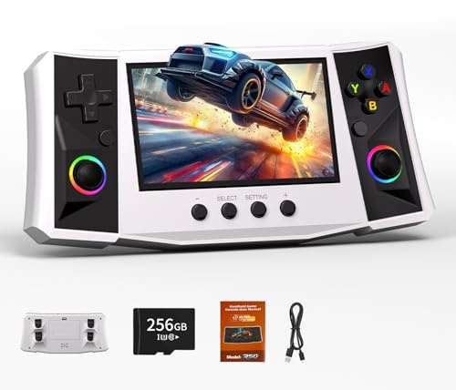 FHYRGF[50000 in 1] R50S Ultra Handheld Game Console 4.5 inch IPS Screen Mini Retro Console 4000mAh Portable Pocket 45+ Mainstream Emulator 256G TF Card Transparent.(White)