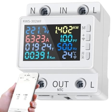 Agrdeed Einphasenzähler Wlan, 63A 270V Stromzähler Auslesen 1 Phasen, KWS-302WF Tuya Drehstromzähler Multifunktions-Stromzähler Digitaler Smart Meter Mit Stromausfall, Überleistung usw