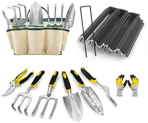 Ensemble de Jardinage 8 Pièces avec Agrafes de Jardin (50) - Kit d'Outils à Main Ergonomiques et Piquets en U pour Fixation de Gazon Synthétique, Toile de Paillage et Clôture - Robuste et Inoxydable