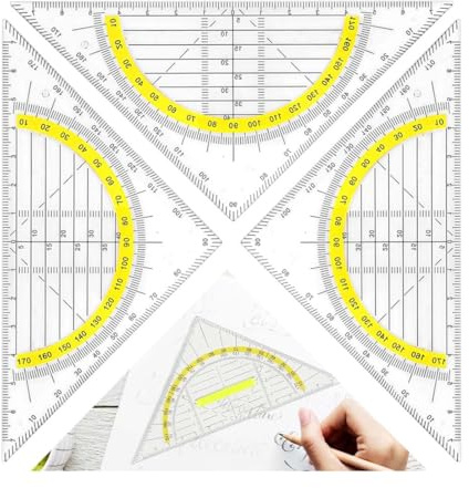 Quesuc 3 Pezzi Goniometro Squadra Geometrica 2-In-1 Goniometro Strumenti Disegno Geometrico Plastica Per Designer, Architetti, Insegnanti, Studenti