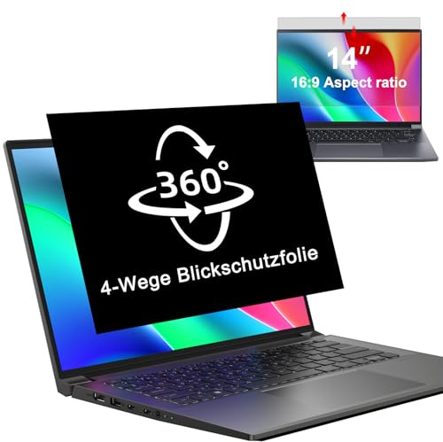 360° Blickschutzfolie für 14 Zoll Laptop 16:9 Seitenverhältnis, Abnehmbarer Anti Spy Sichtschutzfolie, Anti Blaulicht Blendschutz Blickschutz folie Displayschutz für HP/Dell/Acer/Asus/Thinkpad