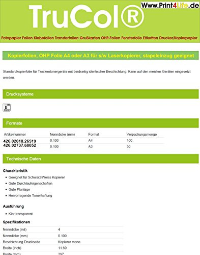 trucol OHP Folie A4, 100 Kopierfolien, Overhead OHP Folie A4 für s/w Laserkopierer, 100 Folien (VE) stapeleinzug geeignet