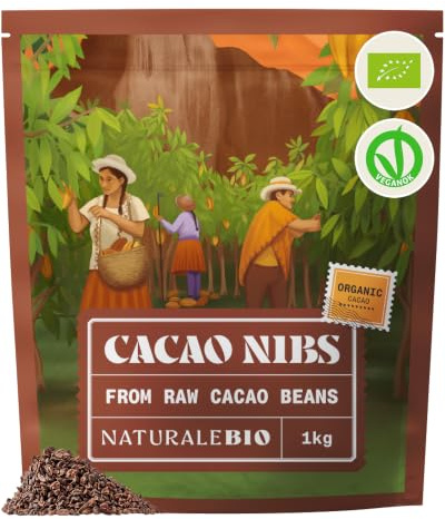 NaturaleBio Bio Kakaonibs, Roh & Knusprig – Schokodrops-Alternative | 1 kg. Naturbelassene Kakaonibs aus Theobroma cacao für Smoothies, Bowls, zum Backen und Snacken.