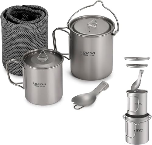 Lixada Ultralight Titanium - Tazza da acqua portatile in titanio, con coperchio e manico, pieghevole, per campeggio all'aperto, cucina pic-nic