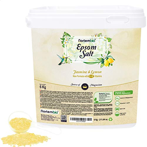Nortembio Sales de Epsom 100% Fragancia Jazmín y Limón 6 kg – Fuente Natural de Magnesio | Con Vitamina C y E Hidratante | Para Baños Relajantes, Spa y Cuidado de la Piel + E-Book Gratis
