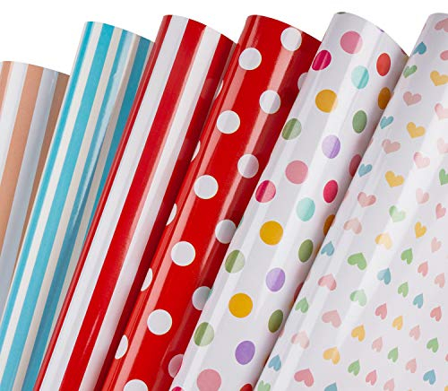 RUSPEPA Geschenkpapierbögen - Punkte, Herts, Streifen Buntes Geschenkpapier - 6 Gefaltete Bögen - 50 cm X 70 cm