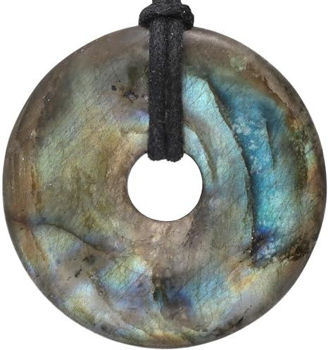 Lebensquelle Plus Edelstein Donut Ø 40 mm + Baumwollband + Edelsteinkarte | Naturstein Anhänger Halskette | Echte Heilsteinkette inkl. Band