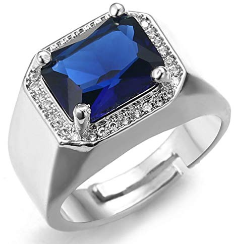 HALUKAKAH Bague de Diamant avec Cristal de Pierre Gemme Bleue,pour Hommes Plaqué Or Blanc 18 Carats et Platine Iced Out Diamants de Laboratoire du Handset Taille Ajustable avec Coffret Cadeau Gratuit