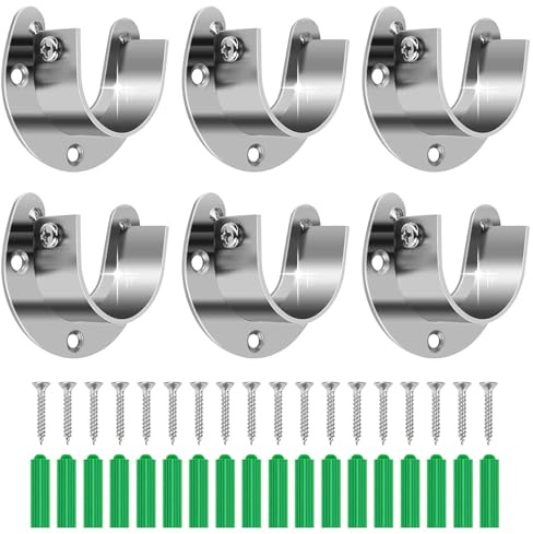 6-Pack Stainless Steel Closet Rod Brackets, U-Shaped Heavy Duty Flange Sockets for 1-1/4 Inch Rods, Rust-Proof Closet Rod Holders with 18 Screws & Anchors | Wardrobe, Kitchen, Balcony