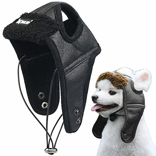 ITODA Mütze Hund Trappermütze Winter Hundemütze mit Ohrlöchern Fliegermütze Haustier Wintermütze Verstellbar Hundecap PU Leder Hundehut Warm Windschutz Haustiermütze Outdoor Fellmütze Welpen Katze