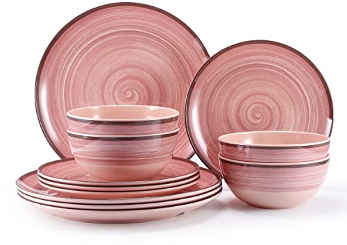 Juego de platos y cuencos para 4, juego de vajilla de melamina de 12 piezas, juegos de vajilla de color sólido, hermoso juego de platos para bodas, fiestas, lavavajillas, sin BPA (Marte)