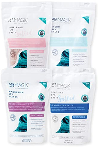 Sea Magik - Mixed Set of Natural Bath Salts for Muscle Soak (4 x 1kg) | Therapeutic Spa Experience, Epsom, Magnesium Flakes, Dead Sea, Himalayan, Relaxes Body and Mind, Vegan, Cruelty Free