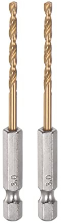 sourcing map 2pcs 1/4 Hex Shank Drill Bits 3mm Titanium Drill Bits Set M35 High Speed Steel Twist Drill Bit 80mm Long Fully Ground for Wood, Stainless Steel, Metal, Plastic Plastic