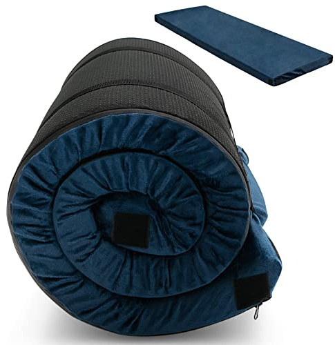 COSTWAY Memory Foam Camping Mattress, 6.5cm Thick Waterproof Roll Up Sleeping Mat with Zipper & Carry Bag, Portable Foldable Floor Guest Bed for Indoor Home, Outdoor Camping & Sleepover Use (Blue)