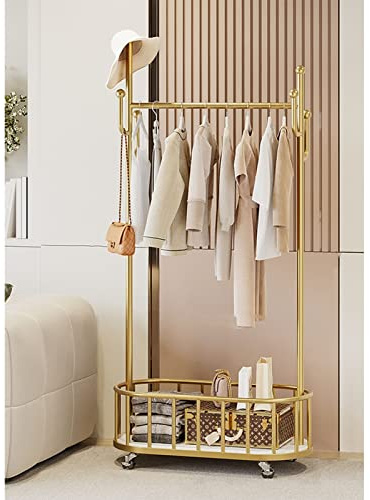 Einzelne aufgeräumte Schienen Hallenbaum mit Haken Heavy Duty Metall Kleiderwagen Mobiler Kleiderständer Freistehender Kleiderbügel Mit unterem Aufbewahrungskorb für Schlafzimmer ( Color : Gold , Size