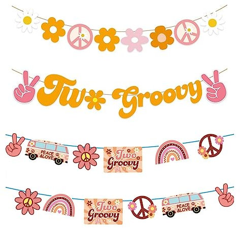 Groovy Hippie Boho Banner,4 Pcs TWO GROOVY Flag Bunting,Colorful Birthday Bunting With Daisy Peace Bus For Kids Boys Girls Wall Patio Nursery Home Room Garden Decor