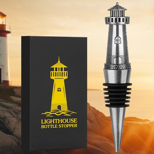 LKKCHER Nautical Lighthouse Wine Stopper, Wine Gifts for Men Women Pharos Lovers, Bottle Stoppers for Wine Champagne, Birthday Gifts, Wine Saver, Wine Accessories, Dark Silver