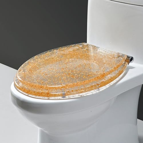 DRYFAL Glitter WC-Sitz, Motiv Glitter Toilettendeckel Mit Absenkautomatik Klodeckel Kunstharz, O Form Toilettensitz Mit Verstellbaren Scharnieren, 36 X 42 cm,Gelb