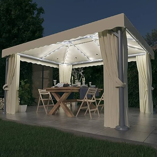 Gecheer Gazebo 4x3m con Tende e Luci LED, Pergola da Esterno con Telo, Padiglione da Giardino con Zanzariera per Feste e Barbecue - Bianco Crema