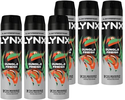 Lynx XXL Jungle Fresh Antiperspirant Deodorant Spray for Men 250ml Pack of 6 72H Sweat & Odour Protection PALM LEAVES & AMBER FRAGRANCE Mens Deodorant Spray