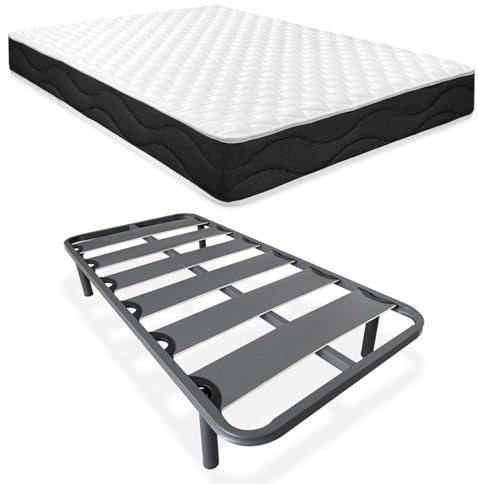 Homey Letto completo con materasso Sleep Pro reversibile + rete a doghe rinforzate, acciaio legato, grigio, 90 x 190 cm