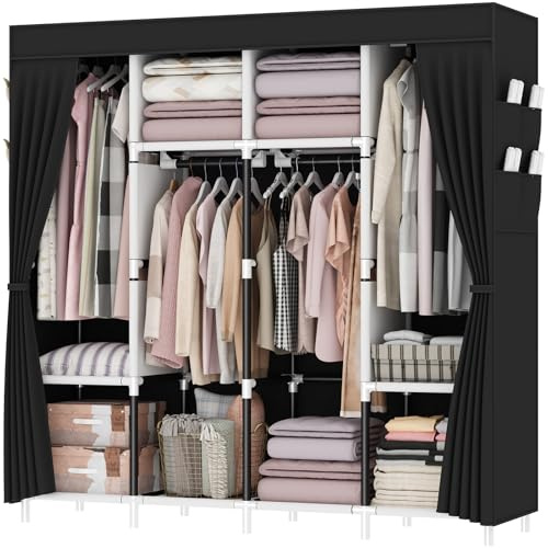 OPPAIYA Extra Large Canvas Wardrobe, Heavy Duty Triple Fabric Wardrobes for Bedroom,165 x 165 x 45 cm, 4 Hanging Rails, 4 Compartments, 8 Side Pocket,Temporary wardrobe,Portable,Easy Assemble, black