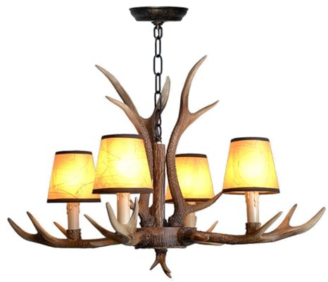 HEYUN Geweih Kronleuchter Vintage Industriestil Hängelampe Pergament Lampenschirm Harzsockel Pendelleuchte Höhenverstellbare Pendellampe Wohnzimmer Café Bar Esszimmer Deckenleuchte (Color : 4 Brown)