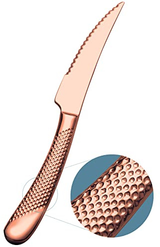 Xideman® Innovativ ultraskarp 2-i-1 räfflad smidd kniv för middag och biff. 6 delar set med högkolhaltigt rostfritt stål biffkniv, 23 cm hamrade solida handtag middagsknivar. (Koppar)