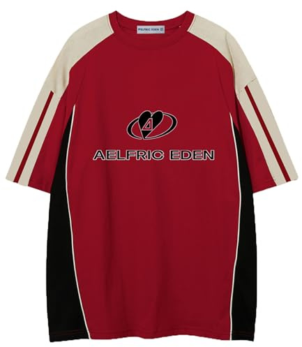 Aelfric Eden Herren Tshirt Oversized Damen Sommer Shirt Unisex Vintage Fußball Trikot Rundhals Kurzarm Raglan Jersey Basic T-Shirts mit Stripes Casual Oberteile Streetwear Rot, XL