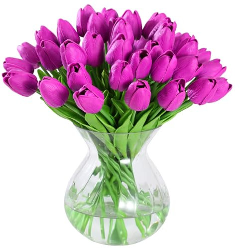 JUSTOYOU 40 tulipanes de flores artificiales, tulipanes de látex falsos de tacto real, tulipanes de flores sintéticas, ramos de boda para decoración de bodas, hogar, jardín (morado)