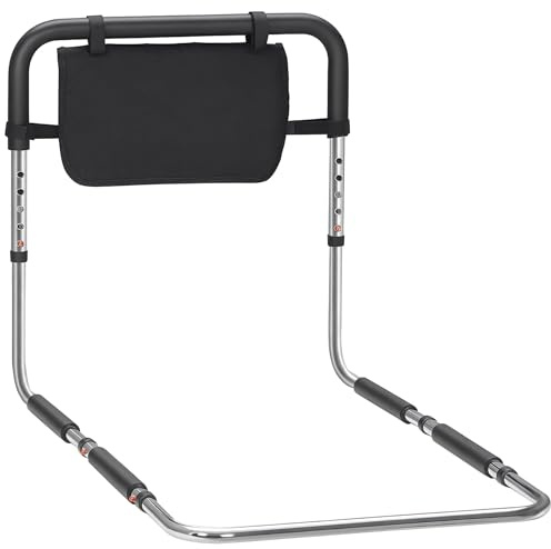 HOMCOM Barre d'appui lit barrière sécurisée Protection poignée réglable 5 hauteurs Pochette Rangement 87Lx51,5lx45-55H cm