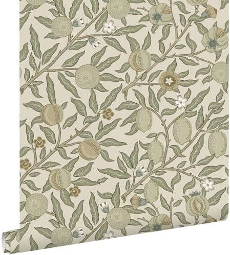 Esta Home papel pintado frutas y hojas exóticas verde oliva agrisado 50 x 900 cm