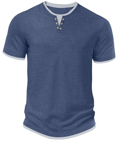 Hisir T-shirt d'été Henley à manches courtes et col rond pour homme - Coupe droite - Décontracté - Couleurs contrastées classiques