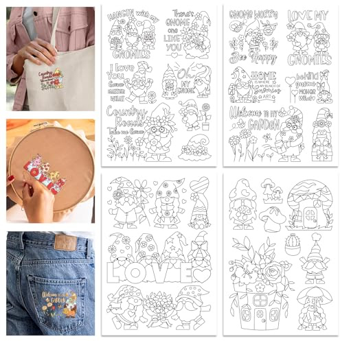 GLOBLELAND 4 Blatt A4 Valentinstag Zwerg Stickvlies Wasserlöslich Selbstklebend Love Elf Stickmuster Stickaufkleber Stickvorlagen Bedruckbare Stickereipapier für DIY Projekte Stickerei Anfänger