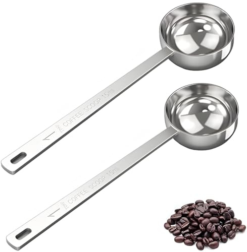 2 cucharas de café de 1 cucharada, cuchara medidora de café de acero inoxidable, cuchara medidora de café de mango largo para café molido, té suelto, leche y polvo (15 ml)