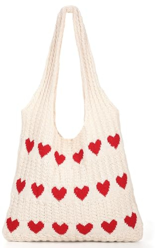 JasGood Strandtasche Damen Gestrickte Tasche Beach Tote Bag Sommer Boho Strick Shopper Tasche mit Cute Herzmuster Umhängetasche Schultertasche für Frauen,Beige mit Rotes Herz